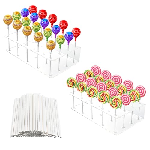 2 Stück Klar Lutscher Halter, Cake Pop Halters Ständer, 20 Löcher Lollipop Halter Ständers, Pops Lutscher Ständer, Lollipop Stände mit 100 Cake Pop Stiele für Party Hochzeiten Geburtstage von JRJRN