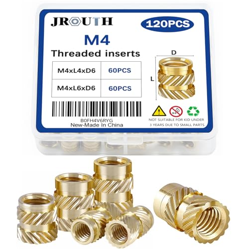 M4 Gewindeeinsätze für Kunststoff, Heizset, Messing-Einsatz-Sortiment, Set für 3D-Druck-Spritzguss-Press-Gewindemuttern (M4 x 4 x 6, M4 x 6 x 6 (120 Stück)) von JROUTH