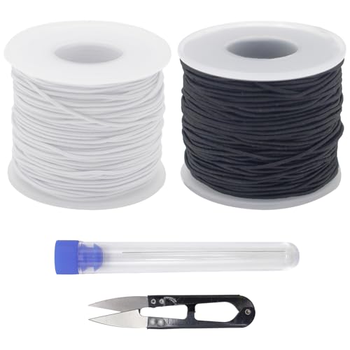 2 Rollen Perlenschnur, elastisches Band für Armbänder mit 1 Stück schwarzer Schere, 1 Stück Perlennadel und 1 Stück Reagenzglasbox, elastische Schnur für DIY Handwerk, Armbänder (Schwarz, Weiß) von JRSHIRLEYLTD