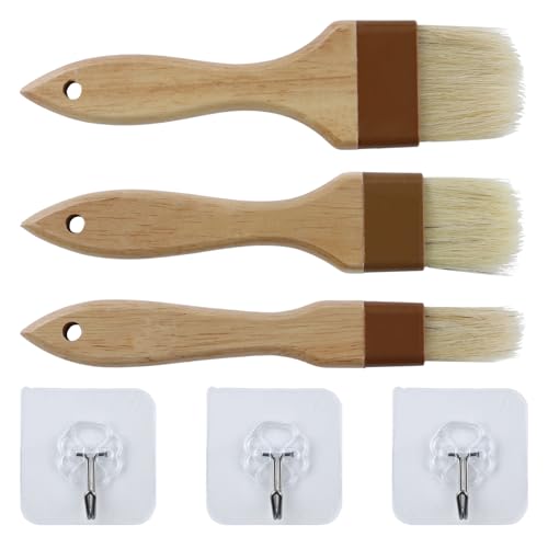 3 Stück Backpinsel Kochpinsel Küchenpinsel Grillpinsel BBQ Pinsel Naturborsten Backen Basting Ölpinsel Hitzebeständig Ölbürste mit Langem Holzgriff für Gebäck Grill Fleisch (2,5/4/5 cm), mit 3 Haken von JRSHIRLEYLTD