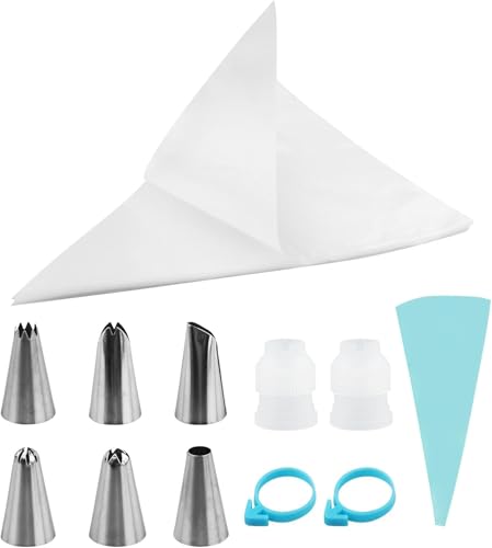 JRSHIRLEYLTD 100 Stück Einweg-Spritzbeutel, Spritzbeutel- und Düsen-Set, Gebäckbeutel, mit 1 wiederverwendbaren Spritzbeutel, 1 Kuppler, 6 Glasur-Düsen, 2 Tütenbändern von JRSHIRLEYLTD