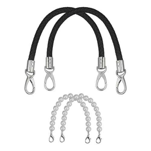 JRSHIRLEYLTD 2 Stück 40cm Taschengriffe Ledergriffe für Taschen Handtaschenriemen Ersatzgriff Taschenbügel Schulterriemen Handtaschen-Ersatzgriff (Schwarz), mit 2 Perlenketten von JRSHIRLEYLTD