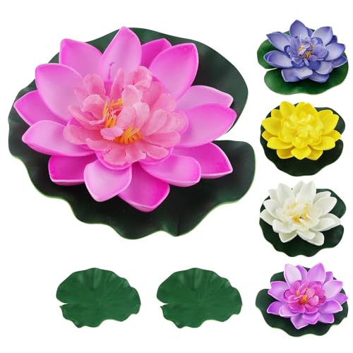 JRSHIRLEYLTD 5 Stück Schwimmende Blumen, Künstliche Seerosen, schwimmend Lotusblüten, Lotusblüte Wasserlilie,Lotus Flower Teich für Verwendet in Pools, Aquarien, Bachszenen mit 2 Lotusblättern von JRSHIRLEYLTD