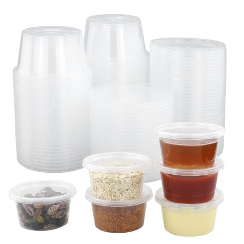 JRSHIRLEYLTD 55 Stück runde Lebensmittelbehälter mit Deckel, kleine Lebensmittelbehälter, wiederverwendbare Kunststoffbehälter mit Deckel für Dips, Salate, Chutney (100ML) von JRSHIRLEYLTD