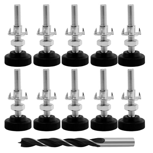 JRSHIRLEYLTD Verstellschraube 10 Stück Möbelfüße Verstellbar Metall M8 x 50 mm Stellfüße Füße für Möbel, Regulierschraube Justierschraube mit Einschlagmuttern,Kontermuttern und Metallbohrern von JRSHIRLEYLTD