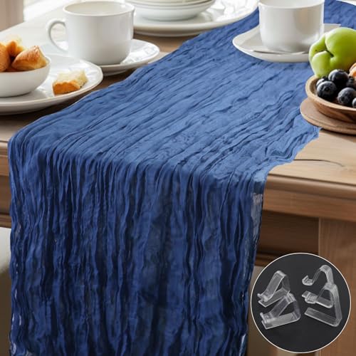 Tischläufer Käsetuch 90 x 400 cm Staubiges Blau Boho Transparente Läufer Tisch Hochzeit Gaze Stoff Rustikale Käse Tuch für Braut Dusche mit 2 großen Tischtuchklammern und 2 kleinen Tischtuchklammern von JRSHIRLEYLTD