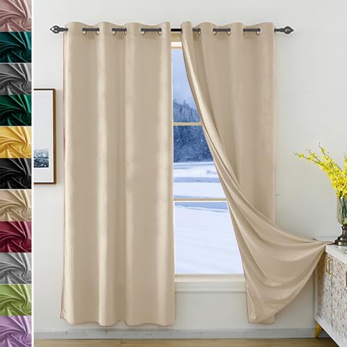 JRUI Abdunkelnde Vorhänge, übergardinen Blickdicht 1er Set 270x100cm (HXB), Vorhang Samt mit ösen, übergardinen Wohnzimmer, Thermovorhang KäLteschutz, Hitzeabweisende Vorhänge, Curtains Beige von JRUI