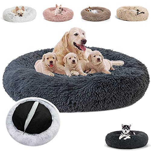 JRUI Hundebett Flauschig für Große Hunde, Rund Plüsch Hundekissen Katzenbett Waschbar, Hundesofa Hundekörbchen für Mittelgroße Hunde - Grau 120x120x20cm von JRUI