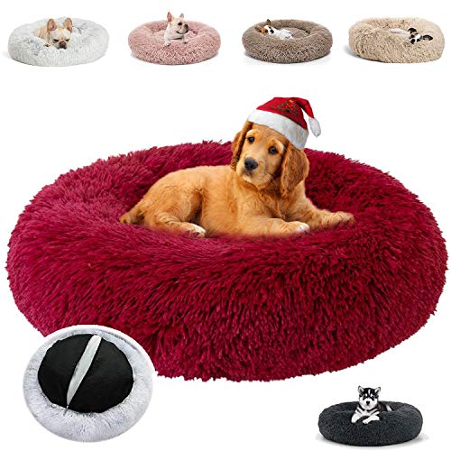 JRUI Kuscheliges Hundebett Rund Hundekissen Flauschig Katzenbett Waschbar Donut Plüsch Hundehöhle Warme Kuschelkissen Hundesofa Hundekörbchen für Mittelgroße und Große Hunde - Weihnachten Rot von JRUI