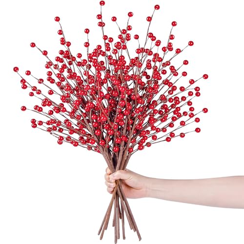 JRUKM Künstliche Rote Beeren Hagebutten Zweige mit Roten Beeren Weihnachten Deko Herbstdeko Holly Berry Rot Beerenstiele 10 Stück Weihnachtsdeko für Weihnachten Kunst Basteln und Weihnachtsbaum von JRUKM