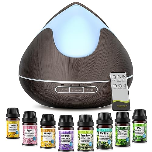 500ML Aroma Diffuser, Duftöl Diffuser mit 8 X10ml Ätherische Öle Set, 14 Farben LED Diffuser für Duftöle Luftbefeuchter Diffuser mit Fernbedienung, BPA-freier, 4 Timern, Auto-Off von JRXH