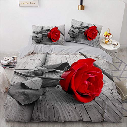 JRfurniture Bettbezug 200X200Cm Rote Rose 3D Druck Bettbezug Sets,Bettwäsche 3 Teilig,100% Weiche Microfaser Mit 2 Kissenbezug Und Reißverschluss von AGRWAB
