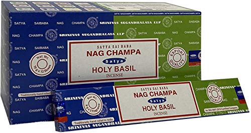 3 x Nagchampa Holy Basilikum Satya Combo Räucherstäbchen mit JRose Räucherstäbchenhalter, 15 g Box von JRose Collections