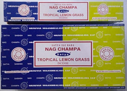3 x Nagchampa & Tropical Lemongrass Satya Combo Räucherstäbchen mit JRose Räucherstäbchenhalter, 15 g Box von JRose Collections