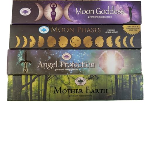 Green Tree Räucherstäbchen 4er Pack - Mondgöttin, Mondphasen, Engelschutz & Mutter Erde mit JRose Räuchergefäß - Natürlicher Duft für Meditation, Entspannung & Spirituelle Verbindung 32 von JRose Collections