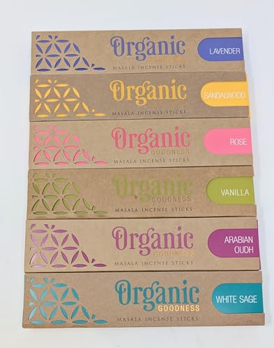Organic Goodness Räucherstäbchen, Sortimentspackung – Lavendel, weißer Salbei, Vanille, arabisches Oudh, Sandelholz und Rose – natürliche, handgerollte, langlebige Düfte mit Halter 2 von JRose Collections