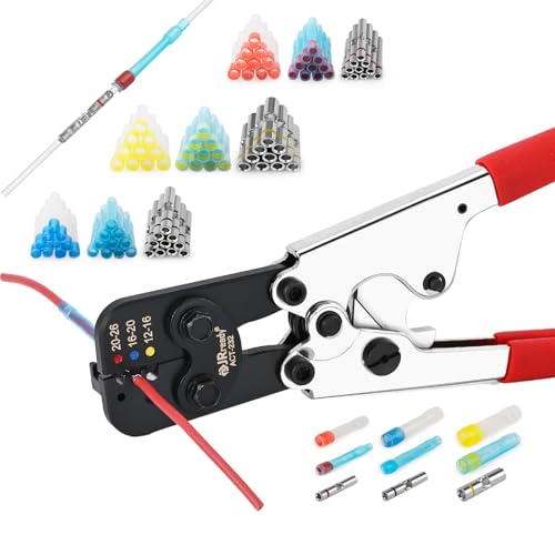 JRready ST2174 Lötverbinder Set (M81824/1 Äquivalent) Mit ACT-232 Crimpzange (M22520/37-01 Äquivalent) IP68 Schrumpfverbinder Wasserdicht PVDF/PE kabelverbinder Set Gauge 12-26AWG 91PCS von JRready