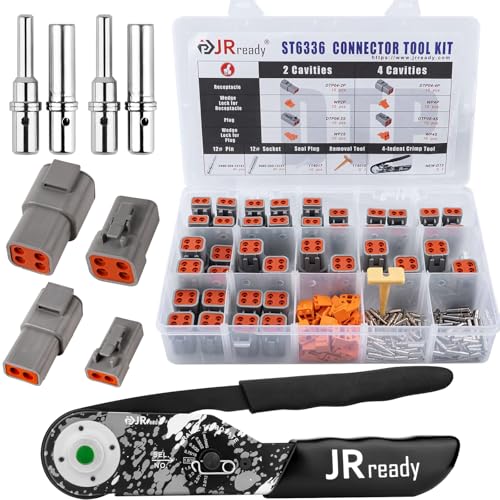 JRready ST6336-DT2-, Deutsch-, DTP-Steckverbinder-Set, 2 4-polige, wasserdichte graue DTP-Steckverbinder mit Deutsch-Crimpzange NEW-DT2, solide Kontakte Größe 12, Stiftbuchsen 12–16 AWG, von JRready