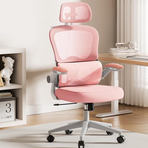 Ergonomischer Computerstuhl mit verstellbarer Lordosenstütze, passt sich der Lendenwirbelkurve an, bequeme Kopfstütze und umkehrbare Armlehnen, kann zum Arbeiten und Lernen verwendet werden Pink von JS Ellie