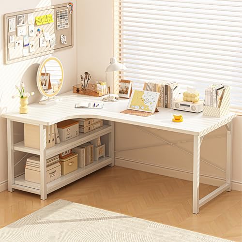 JS Ellie Eckschreibtisch in L-Form mit geräumiger Tischplatte und Zwei Ablageflächen unter dem Tisch, aus hochwertiger Platte, geeignet für Arbeitszimmer, Schlafzimmer, Wohnzimmer, weiß Left-140cm von JS Ellie