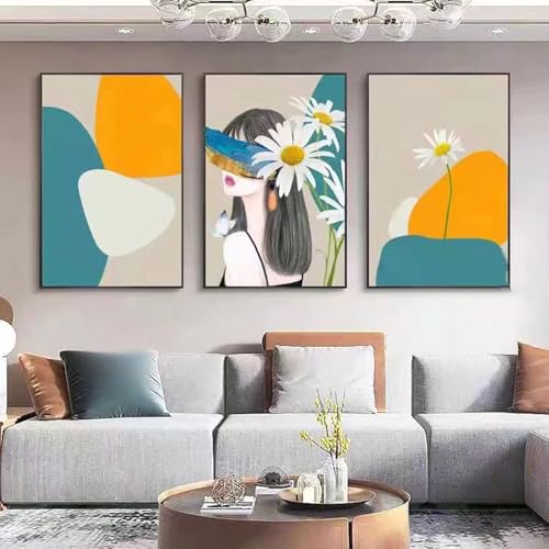 JS Ellie Modernes Wanddeko-Set mit gerahmtem Triptychon, stilvolle Retro-Dekormalerei, stanzfrei und einfach anzubringen, geeignet für Wohnzimmer, Schlafzimmer, Arbeitszimmer, Größen von JS Ellie