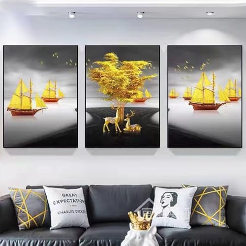 JS Ellie Modernes Wanddeko-Set mit gerahmtem Triptychon, stilvolle Retro-Dekormalerei, stanzfrei und einfach anzubringen, geeignet für Wohnzimmer, Schlafzimmer, Arbeitszimmer, Größen von JS Ellie