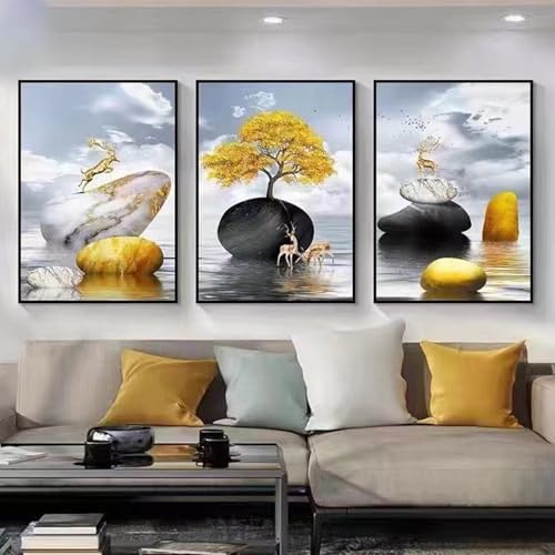 JS Ellie Modernes Wanddeko-Set mit gerahmtem Triptychon, stilvolle Retro-Dekormalerei, stanzfrei und einfach anzubringen, geeignet für Wohnzimmer, Schlafzimmer, Arbeitszimmer, Größen von JS Ellie