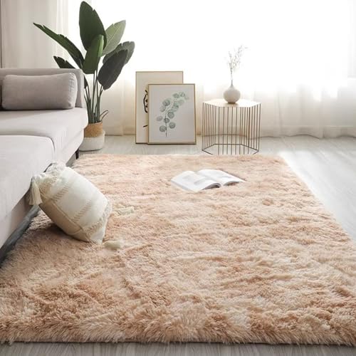 Maschinenwaschbarer Wohnzimmer-Shag-Teppich, Plüsch-Nachttischmatte für das Schlafzimmer, rutschfest und verschleißfest, kein Verblassen, kein Fusseln, reichhaltig und f Tie-dye beige-camel 100*160cm von JS Ellie