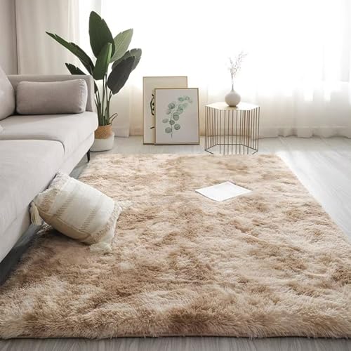 Maschinenwaschbarer Wohnzimmer-Shag-Teppich, Plüsch-Nachttischmatte für das Schlafzimmer, rutschfest und verschleißfest, kein Verblassen, kein Fusseln, reichhaltig und f Tie-dye light brown 100*160cm von JS Ellie