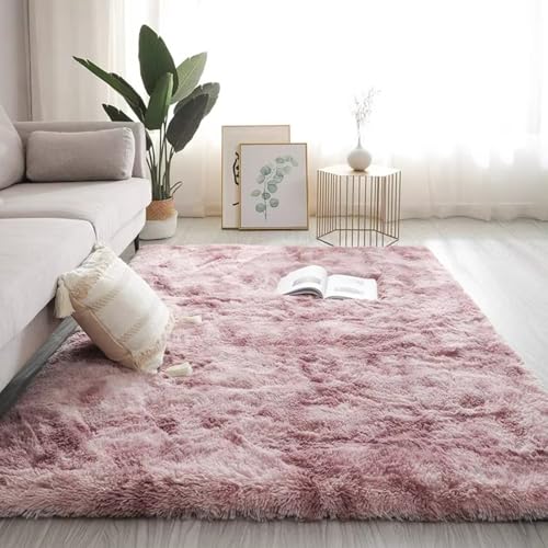 Maschinenwaschbarer Wohnzimmer-Shag-Teppich, Plüsch-Nachttischmatte für das Schlafzimmer, rutschfest und verschleißfest, kein Verblassen, kein Fusseln, reichhaltig und f Tie-dye pink-purple 100*200cm von JS Ellie