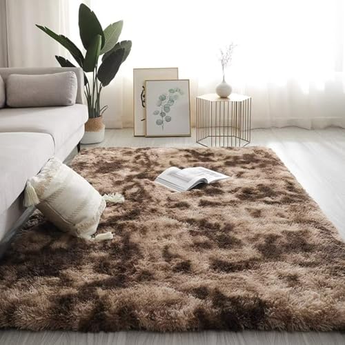 Maschinenwaschbarer Wohnzimmer-Shag-Teppich, Plüsch-Nachttischmatte für das Schlafzimmer, rutschfest und verschleißfest, kein Verblassen, kein Fusseln, reichhaltig und fl Tie-dye dark brown 100*160cm von JS Ellie