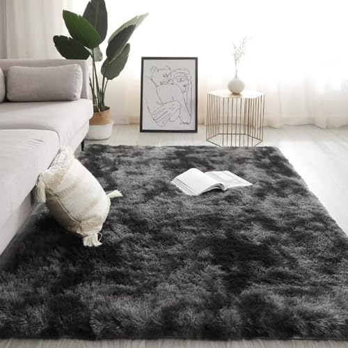 Maschinenwaschbarer Wohnzimmer-Shag-Teppich, Plüsch-Nachttischmatte für das Schlafzimmer, rutschfest und verschleißfest, kein Verblassen, kein Fusseln, reichhaltig und fla Tie-dye dark gray 100*160cm von JS Ellie
