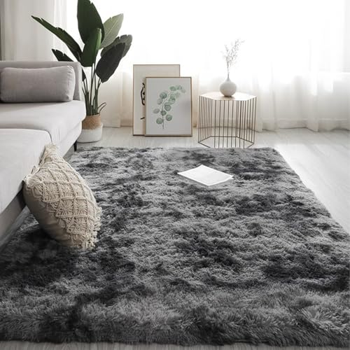 Maschinenwaschbarer Wohnzimmer-Shag-Teppich, Plüsch-Nachttischmatte für das Schlafzimmer, rutschfest und verschleißfest, kein Verblassen, kein Fusseln, reichhaltig und fla Tie-dye smoky gray 80*160cm von JS Ellie