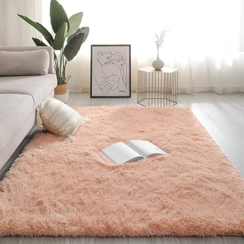 Maschinenwaschbarer Wohnzimmer-Shag-Teppich, Plüsch-Nachttischmatte für das Schlafzimmer, rutschfest und verschleißfest, kein Verblassen, kein Fusseln, reichhaltig und flau Light bean paste 120*200cm von JS Ellie