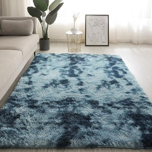 Maschinenwaschbarer Wohnzimmer-Shag-Teppich, Plüsch-Nachttischmatte für das Schlafzimmer, rutschfest und verschleißfest, kein Verblassen, kein Fusseln, reichhaltig und flau Tie-dye gray-blue 80*160cm von JS Ellie