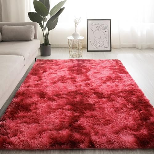 Maschinenwaschbarer Wohnzimmer-Shag-Teppich, Plüsch-Nachttischmatte für das Schlafzimmer, rutschfest und verschleißfest, kein Verblassen, kein Fusseln, reichhaltig und flau Tie-dye wine red 100*160cm von JS Ellie