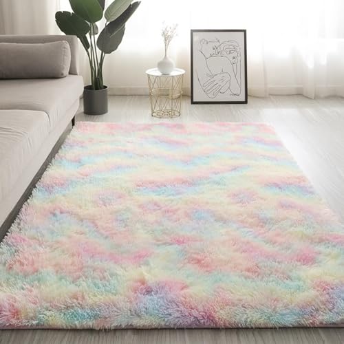 Maschinenwaschbarer Wohnzimmer-Shag-Teppich, Plüsch-Nachttischmatte für das Schlafzimmer, rutschfest und verschleißfest, kein Verblassen, kein Fusseln, reichhaltig und flausc Tie-dye rainbow 80*160cm von JS Ellie