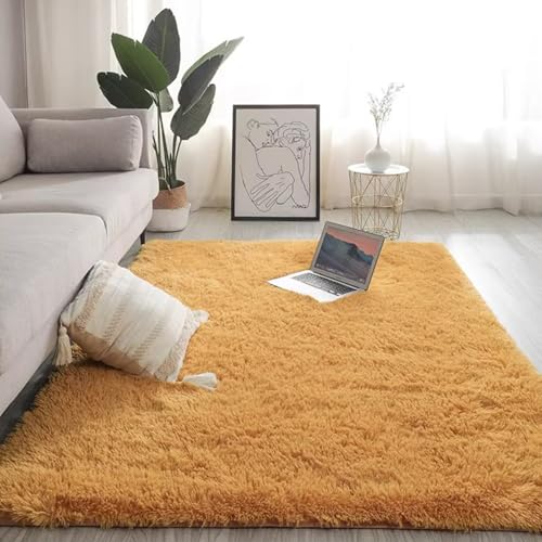 Maschinenwaschbarer Wohnzimmer-Shag-Teppich, Plüsch-Nachttischmatte für das Schlafzimmer, rutschfest und verschleißfest, kein Verblassen, kein Fusseln, reichhaltig und flausc Turmeric yellow 60×160cm von JS Ellie