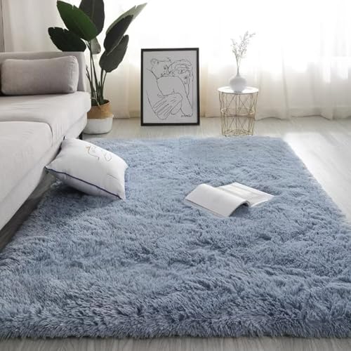 Maschinenwaschbarer Wohnzimmer-Shag-Teppich, Plüsch-Nachttischmatte für das Schlafzimmer, rutschfest und verschleißfest, kein Verblassen, kein Fusseln, reichhaltig und flauschig Lake blue 200*200cm von JS Ellie