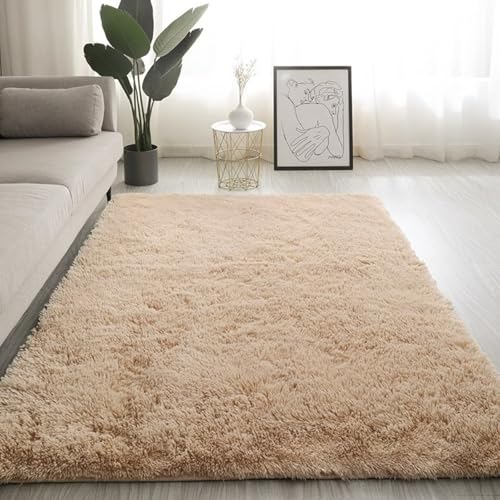 Maschinenwaschbarer Wohnzimmer-Shag-Teppich, Plüsch-Nachttischmatte für das Schlafzimmer, rutschfest und verschleißfest, kein Verblassen, kein Fusseln, reichhaltig und flauschig Light camel 100*200cm von JS Ellie