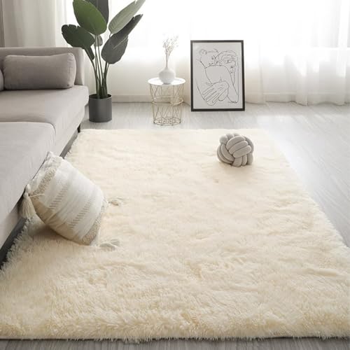 Maschinenwaschbarer Wohnzimmer-Shag-Teppich, Plüsch-Nachttischmatte für das Schlafzimmer, rutschfest und verschleißfest, kein Verblassen, kein Fusseln, reichhaltig und flauschig Off-white 100*160cm von JS Ellie