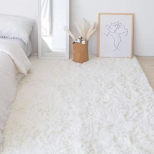 Maschinenwaschbarer Wohnzimmer-Shag-Teppich, Plüsch-Nachttischmatte für das Schlafzimmer, rutschfest und verschleißfest, kein Verblassen, kein Fusseln, reichhaltig und flauschig Pure white 100*160cm von JS Ellie