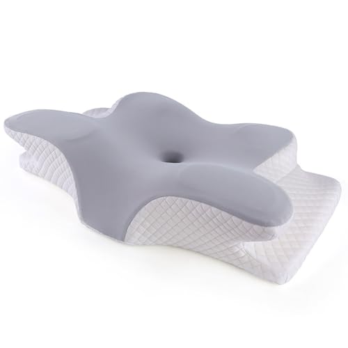Schmetterlingsförmiges Memory-Kissen zum Schutz des Nackens, geeignet für Rücken-, Seiten- und Bauchschläfer, lindert Nacken- und Schulterschmerzen, Memory-Kissenkern mit langsamer Rückfederung Gray von JS Ellie