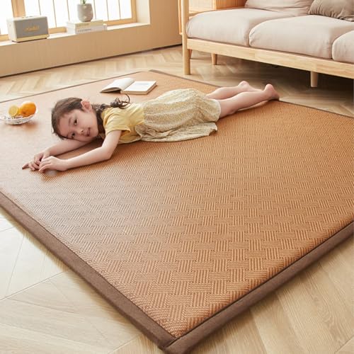 Wohnzimmerteppich, Faltbare Matte, Rattan-Nickerchenmatte, Rattan-handgewebte Kinderkrabbelmatte, Spielmatte, Tatami-Matratze gefüllt mit hochdichtem Schwamm, hellbraune Nachttischmatte B 59*79＂ von JS Ellie