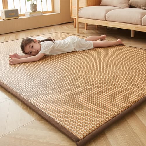 Wohnzimmerteppich, Faltbare Matte, Rattan-Nickerchenmatte, Rattan-handgewebte Kinderkrabbelmatte, Spielmatte, Tatami-Matratze gefüllt mit hochdichtem Schwamm, hellbraune Nachttischmatte D 79*87＂ von JS Ellie
