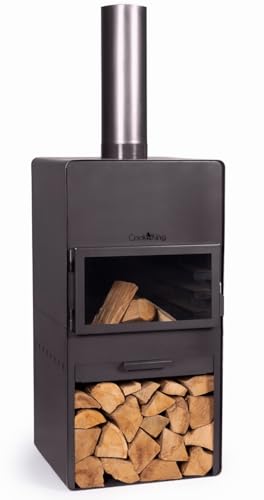 Gartenkamin Vento Gartenofen mit gehärtetem Glas H 150 cm zum Heizen und Grillen mit Kaminregal von JS Garten Deko