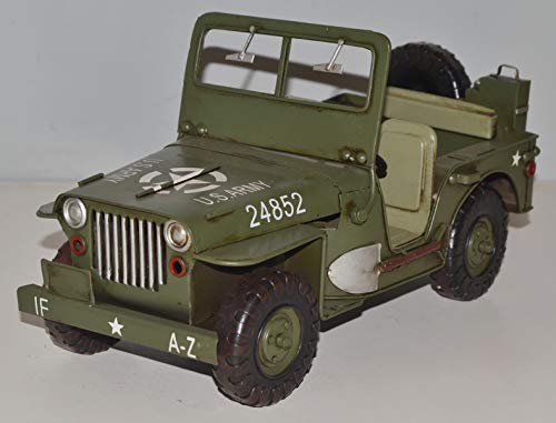 JS Garten Deko Blechauto Nostalgie Modellauto Oldtimer Automarke Jeep Willys Modell US-Army grün aus Blech L 27 cm von JS Garten Deko