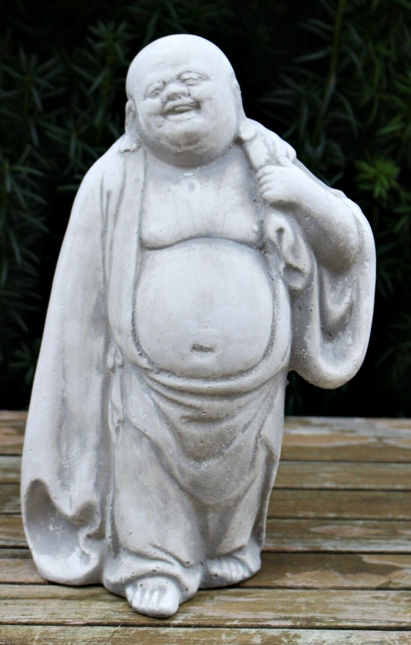 Beton Figur Lachender Buddha H 28 cm gehend Dekofigur und Gartenskulptur von JS GartenDeko