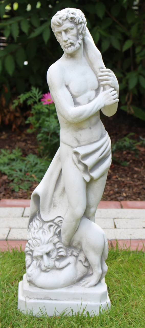 Beton Figur Statue Skulptur Herkules mit Keule und Löwe am Fuß H 64 cm Dekofigur Gartenskulptur von JS GartenDeko