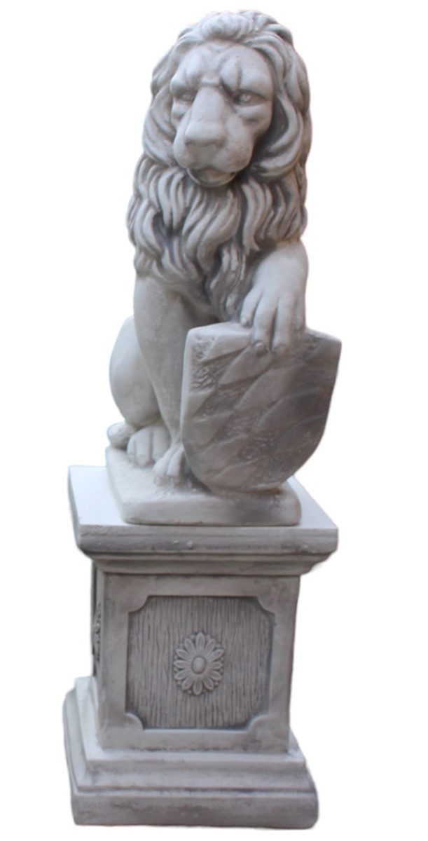 Beton Figuren Löwe mit Wappen links auf klassischer Säule H 65 cm Dekofiguren und Gartenskulpturen von JS GartenDeko